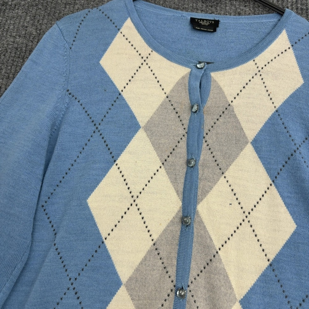 Talbots Cardigan Womens SP Blue Merino Wool Argyle Button Front Preppy Classic - Picture 3 of 6
